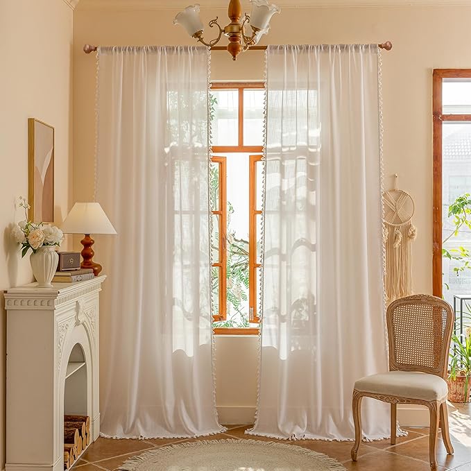 MYSKY HOME Semi Sheer Light Filtering White Bohemian Curtains for Sliding Door 96 Inches Long，Back Tab Ceiling Curtains with Tassel for Living Room Bedroom, 50" x 96"，Pure White，2 Pieces