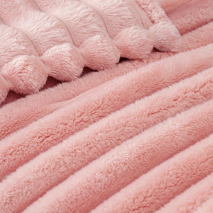 Exclusivo Mezcla Queen Size Flannel Fleece Blanket, Super Soft Striped Jacquard Bed Blanket, Lightweight Fuzzy Cozy for All Seasons, 90x90 Inches, Pink