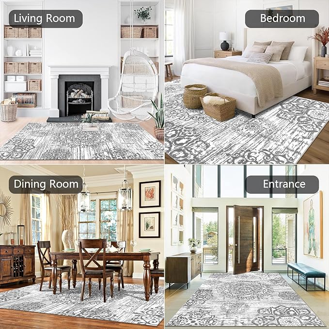 HEBE Washable Area Rug 6'x9' Non Slip Soft Distressed Medallion Bedroom & Living Room Rugs Vintage Entry Floor Carpet for Dining Room Bathroom Entryway