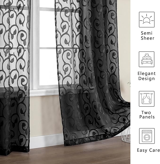 OWENIE Furman Sheer Curtains 63 inch Length for Bedroom Living Room 2 Panels Set, Jacquard Clip Textured Semi Sheer Black Curtain, Light Filtering Rod Pocket Farmhouse Window Treatments, 40Wx63L inch