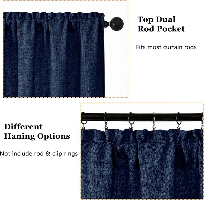 OWENIE Navy Blue Valances for Windows 1 Pcs, Light Filtering Textured Farmhouse Short Small Valance Curtains for Bathroom Basement Bedroom, Rod Pocket Half Curtains Over Sink, 60Wx14L Inch