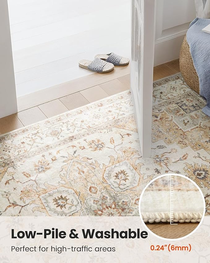 AMADA HOMEFURNISHING Round 6ft Area Rugs, Low-Profile Washable Rug with Non-Slip Backing & Durable Edge Binding, Vintage Rugs for Living Room, Bedroom, Dinning Room
