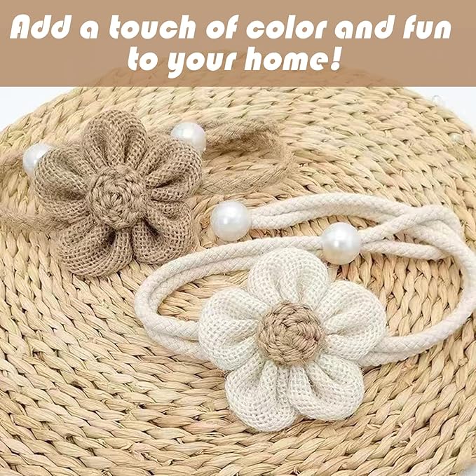SRG 4pcs Handmade Pearl Curtain Tiebacks Boho Flower Curtain Holdbacks with Buckle Pins Simple Elegant Sunflower Rope Curtain Boho Bedroom Decor（Large Cream&Khaki）