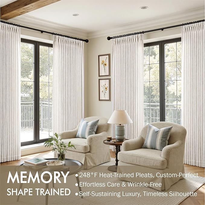 MIULEE Pinch Pleated Thick Linen Curtains 100 Inches Long 2 Panels for Living Room Bedroom, Pinch Pleat Drapes Back Tab Light Filtering Floor to Ceiling Semi Sheer Natural Farmhouse Window Curtains