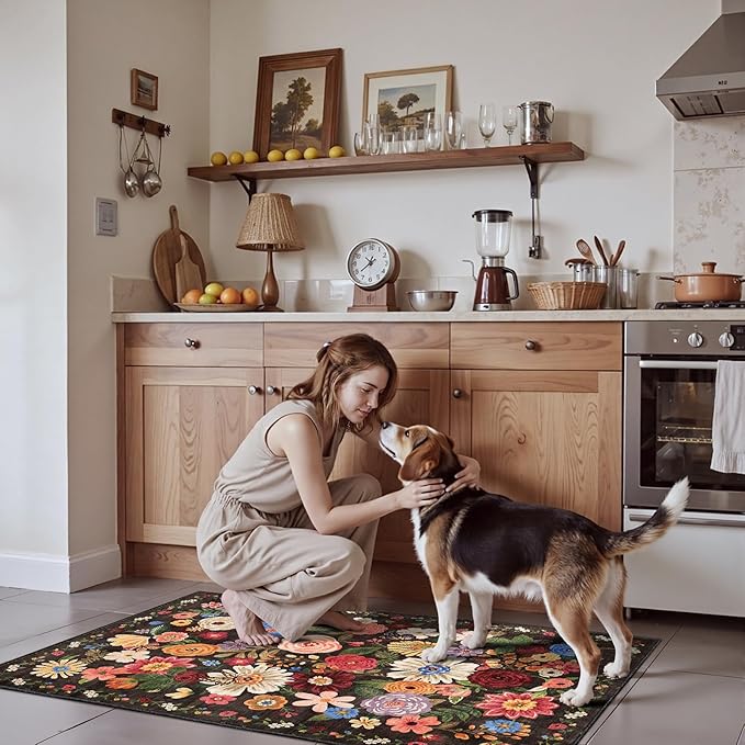 2x4 Entryway Runner Rugs, Non Slip Washable Rugs with Rubber Backing Soft Floral Carpet Runner for Kitchen, Laundry, Bedroom, Bathroom(2 x 4, Black/Brown)