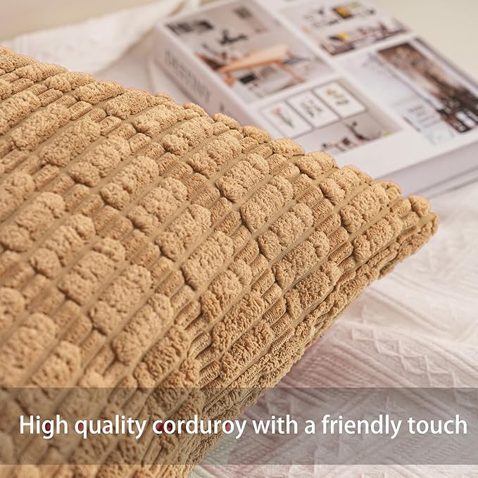 Pack of 2 Corduroy Decorative Throw Pillow Covers 20x20 InchSoft Striped Pillow Covers Modern Farmhouse Home Decor for Sofa Living Room Couch Bed（Coffee）