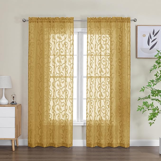 OWENIE Furman Semi Sheer Curtains 72 Inch Length 2 Panels Set, Jacquard Pattern Rod Pocket Light Filtering Farmhouse Curtains for Bedroom Living Room, 2 Pieces 80 Inch Wide, 72 inch Long