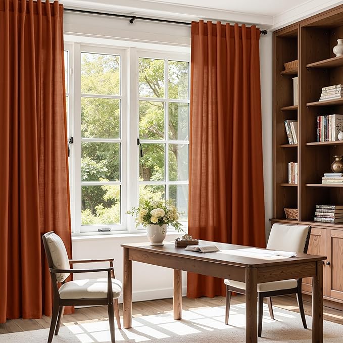 Nanspring Extra Long Linen Curtains 108 Inches Long 2 Panel Set Back Tab Terracotta Boho Rustic Farmhouse Curtain for Living Room Semi Sheer Floor to Ceiling High Window for Bedroom Office 60x108