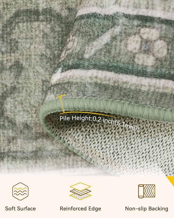 Area Rugs 3'x5' Washable Non-Slip, Floral Vintage Distress Print Pattern Medallion Carpet for Living Room Bedroom Dining Room, Dark Green Gray