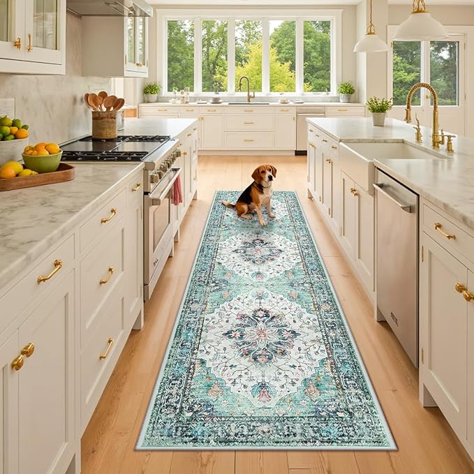 Area Rugs 2'x8' Runner Rug Non Slip Washable for Kitchen Hallway Bedroom Beside Laundry Room Bathroom Rug, Floor Carpet, Green Navy Blue White Red Teal Colorful