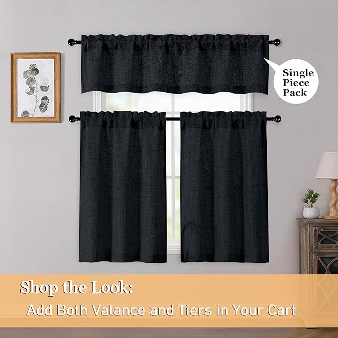 OWENIE Black Valances for Windows 1 Pcs 24 Inch Length, Light Filtering Textured Short Small Valance Curtains for Bathroom Basement Living Room Bedroom, Half Window Curtains Over Sink, 60" W by 24" L