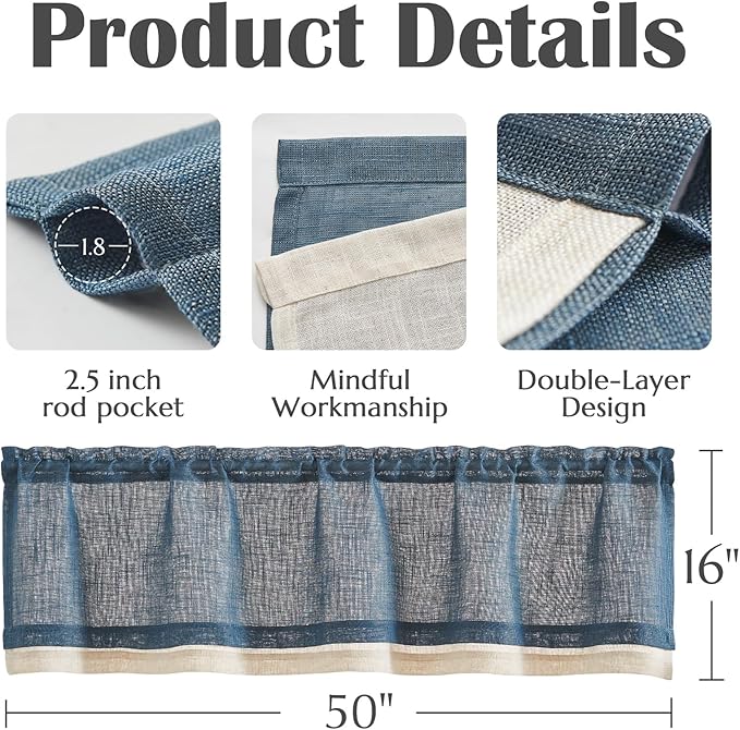 jinchan Linen Farmhouse Valances for Living Room Windows 16 Inch Slubbed Crossed Double Layer Window Valances Light Filtering Rustic Country Overlay Rod Pocket 2 Panels Navy Blue