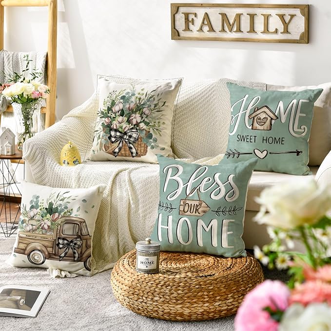 AVOIN colorlife Bless Our Home Farmhouse Eucalyptus Leaves Throw Pillow Covers, 16 x 16 Inch Blue Truck Home Sweet Cushion Case Decorations Set of 4