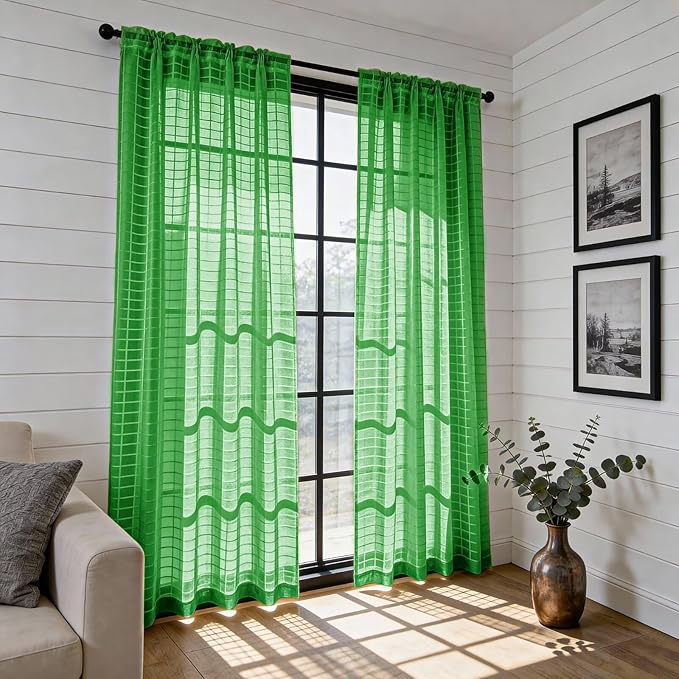 SpaceDresser Check Sheer Curtains 84 Inches 2 Panels Set, Rod Pocket Plaid Window Curtain for Living Room, Green Semi Sheer Drapes for Kitchen Bedroom Children Room Yard（Green, 52W x 84L）