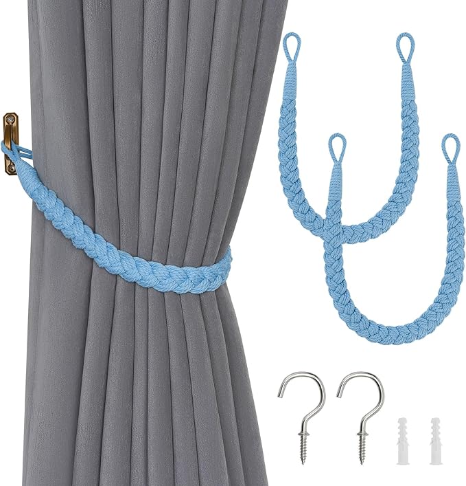 NICEEC 2 Pack Natural Cotton Rope Curtain Tiebacks Elegant Boho Style Decorative Drape Tie Backs Soft Hand-Woven Rope Curtain Holdbacks with Metal Hook for Home & Office Drapery (Light Blue)