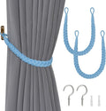 NICEEC 2 Pack Natural Cotton Rope Curtain Tiebacks Elegant Boho Style Decorative Drape Tie Backs Soft Hand-Woven Rope Curtain Holdbacks with Metal Hook for Home & Office Drapery (Light Blue)