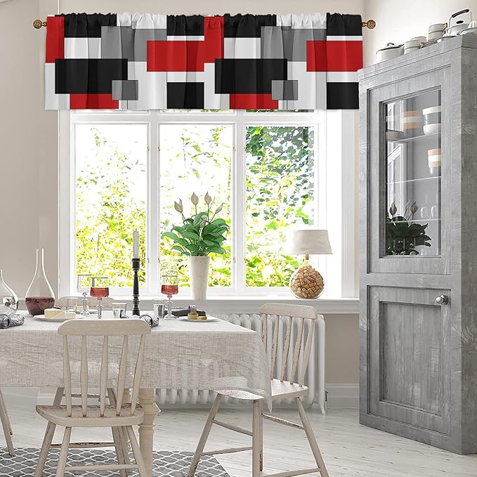 Emvency 4 Pack Valances Window Treatments, Red and Black Geometry Abstract Modern Art Blackout White Adjustable for Living Room Bathroom Kitchen Over Sink, 52x18 Inch Rod Pocket Valances