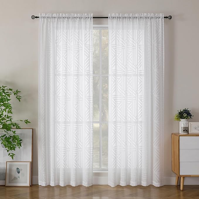 Simplebrand Semi Sheer White Curtains 84 Inches Long 2 Panels, Light Filtering Geometric Jacquard Clip Textured Sheer Curtains for Bedroom，Modern Elegant Window Curtains Drapes, 52x84 inch