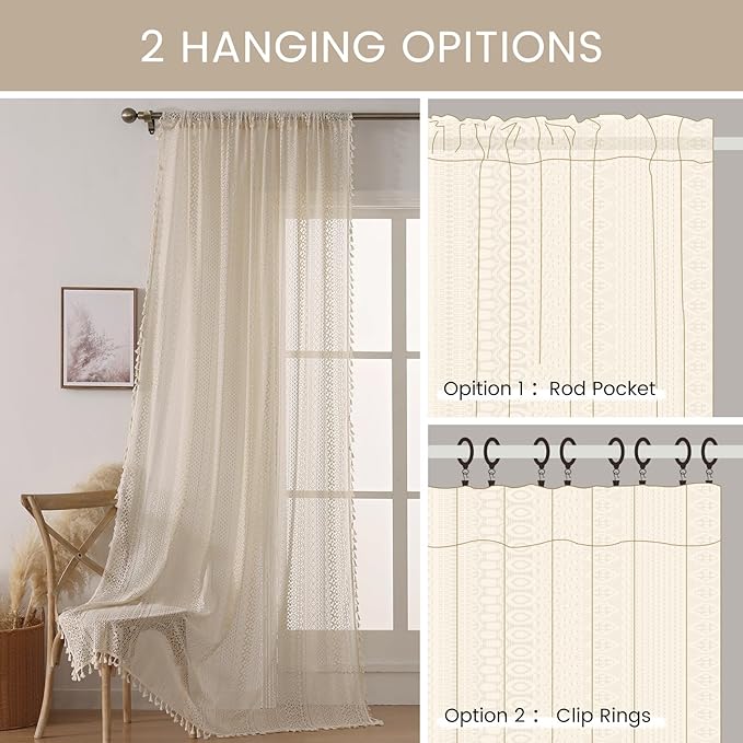 WAZZIO Boho Lace Curtains 102 Inch 2 Panel,Light Filtering Privacy Tassel & Geometry Crochet Semi Sheer Curtain Drapes for Bedroom Living Dining Room,Rod Pocket & Tassel,Vintage Farmhouse Decor,Beige