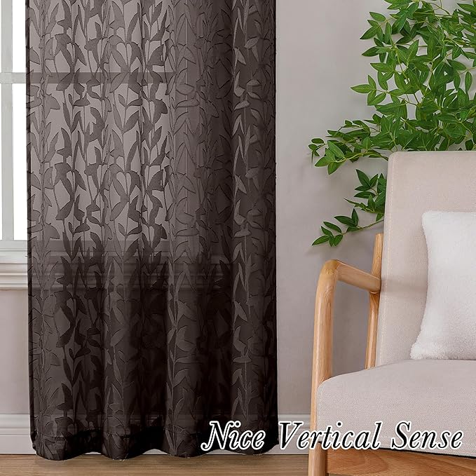 Lecloud Leia Living Room Chocolate Brown Sheer Curtains 72 Inch Length 2 Panels, Airy & Breathable Clip Textured Leaf Voile Bedroom Curtains, Dual Rod Pocket Jacquard Gauzy Window Drapes, 38x72 Inches