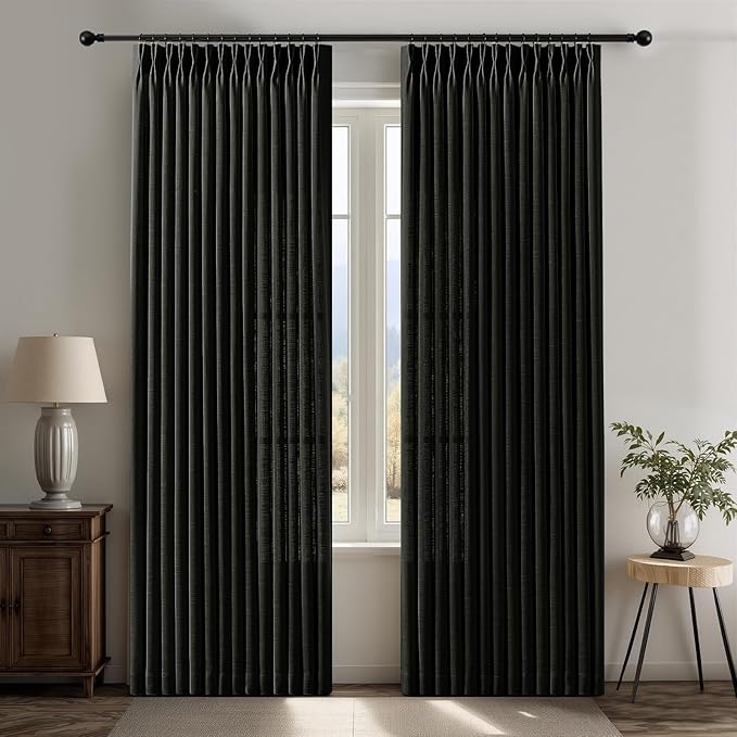 IVAPUPU Black Pinch Pleated 84 Inch Curtains for Living Room, Airy Privacy Semi Sheer Curtain with Pleated Hooks Rings Linen Blend Memory Trained Back Tab Drapes for Bedroom Office, 2 Panels, W40xL84
