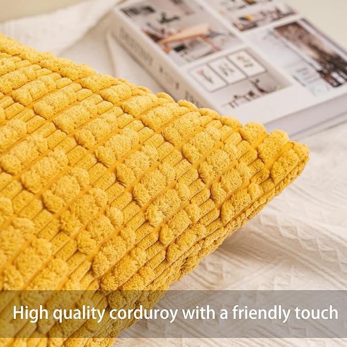 Pack of 2 Corduroy Decorative Throw Pillow Covers 16x16 Inch Soft Striped Pillow Covers Modern Farmhouse Home Decor for Sofa Living Room Couch Bed（Yellow）