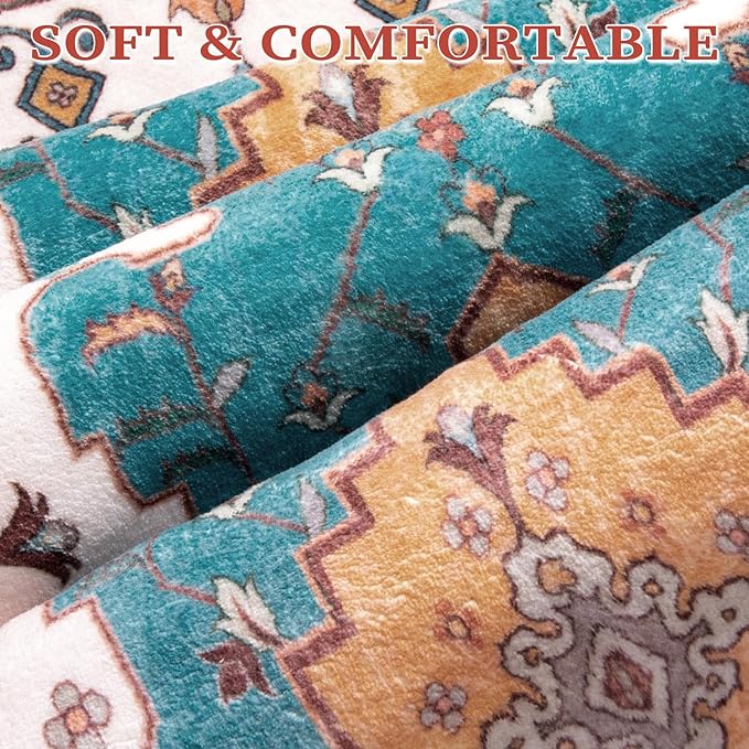 SERISSA Boho Area Rug 5x7 Orange, Washable Large Rugs for Living Room, Ultra Soft Non-Slip Bedroom Rug Print Distressed Vintage Tribal Farmhouse Carpet Rug for Dining Room Dorm Office Home Decor