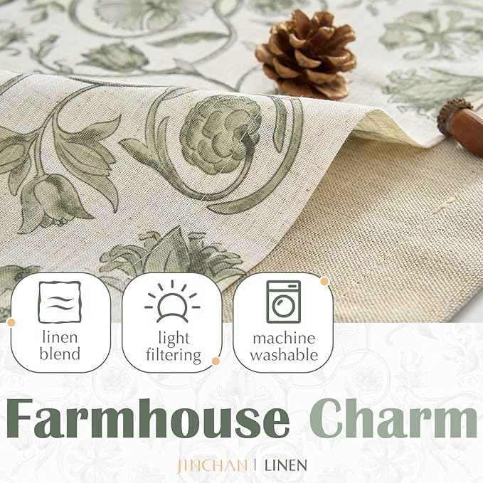 jinchan Linen Valance Kitchen Curtain for Windows Double Layer 16 Inch for Living Room Bedroom Window Treatment Light Filtering Vintage Rustic Farmhouse Cottagecore Rod Pocket 1 Panel Green on Beige