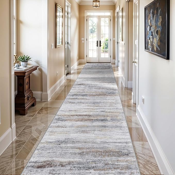 Washable Hallway Runner Rug for Home: Extra Long Runners for Entryway Living Room Dining Room - Stain and Water Resistant Rugs with Non-Slip Backing - Soft Low-Pile Carpet 2'6''x12' Beige Grey