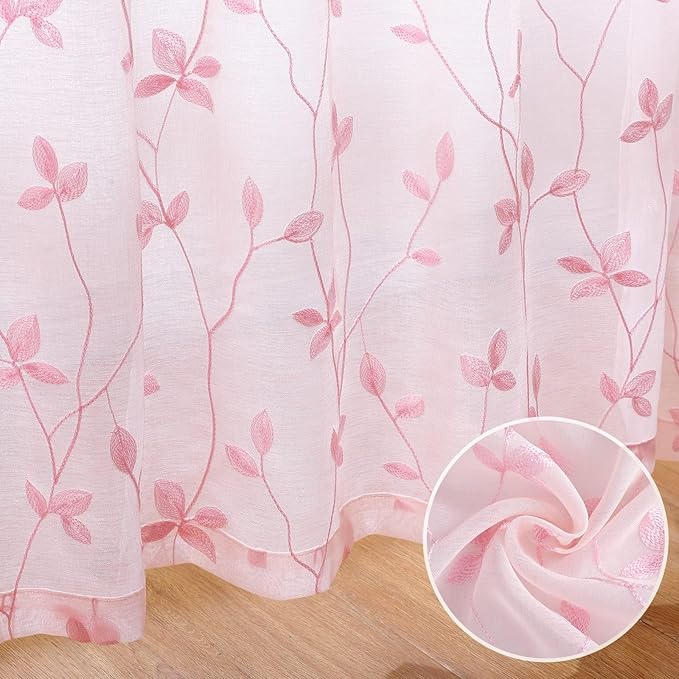 HOMEIDEAS Pink Sheer Curtains 52 X 63 Inches Length 2 Panels Embroidered Vine Floral Pattern Pocket Faux Linen Semi Sheer Voile Window Drapes for Bedroom Living Room