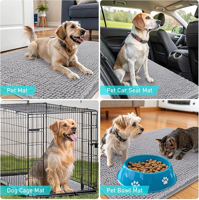 OLANLY Dog Door Mat for Muddy Paws 47x20, Absorbs Moisture and Dirt, Absorbent Non-Slip Washable Doormat, Quick Dry Chenille Mud Mat for Dogs, Entry Indoor Entryway Carpet for Inside Floor, Light Grey