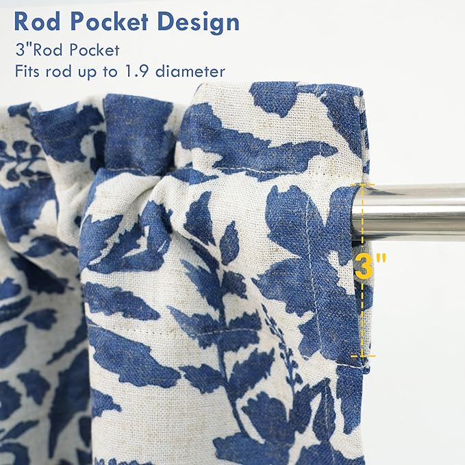 DriftAway Julia Watercolor Blooming Flower Floral Lined Thermal Insulated Window Curtain Valance Rod Pocket 52 Inch by 14 Inch Plus 1.75 Inch Header Linen Blend Navy 1 Pack
