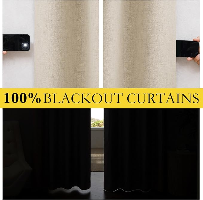 NICETOWN Cream 100% Blackout Linen Curtains 120 inch Long Burg for Living Room, 1 Pair, 62" Width Each Panel, Farmhouse Thick Completely Blackout Window Treatment Thermal Insulated Drapes