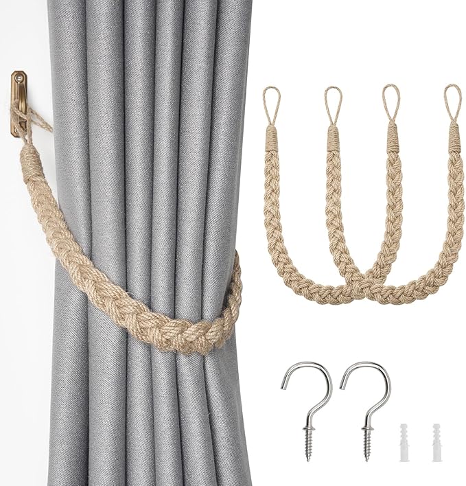 NICEEC 2 Pack Natural Jute Rope Curtain Tiebacks Elegant Boho Style Decorative Drape Tie Backs Soft Hand-Woven Rope Curtain Holdbacks with Metal Hook for Home & Office Drapery (Jute)