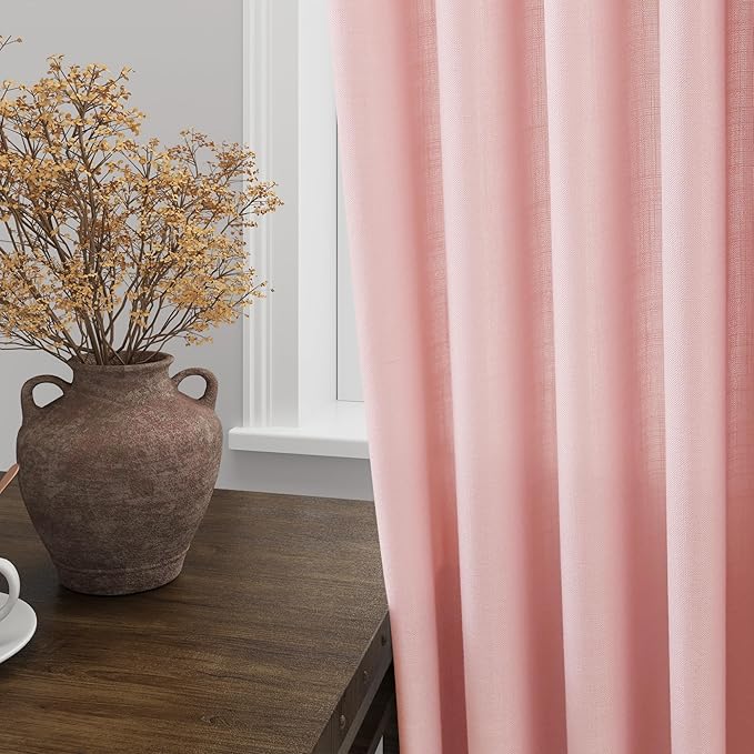 Nanspring Pink Linen Curtains 108 Inches Long for Baby Girl Bedroom 2 Panels Set Extra Long Back Tab Curtain Light Filtering Semi Sheer Pink Drapes Floor to Ceiling Curtains for Large Windows 52x108