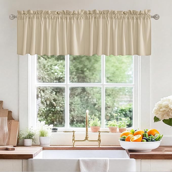 RYB HOME Short Kitchen Valances Faux Linen Blended 2 Panels Privacy Protect Shabby Chic Swag Curtain for Kitchen Living Room Cabinet, Rod Pocket, Camel, W 52 x L 18 inch
