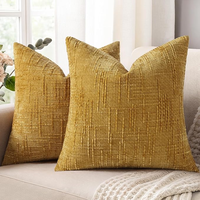 decorUhome Summer Mustard Yellow Chenille Euro Sham Throw Pillow Covers 26x26 Set of 2 Textured Cozy Slubby Couch Pillow Covers Modern Farmhouse Boho Decorative Pillow Cases for Bed Sofa Living Room