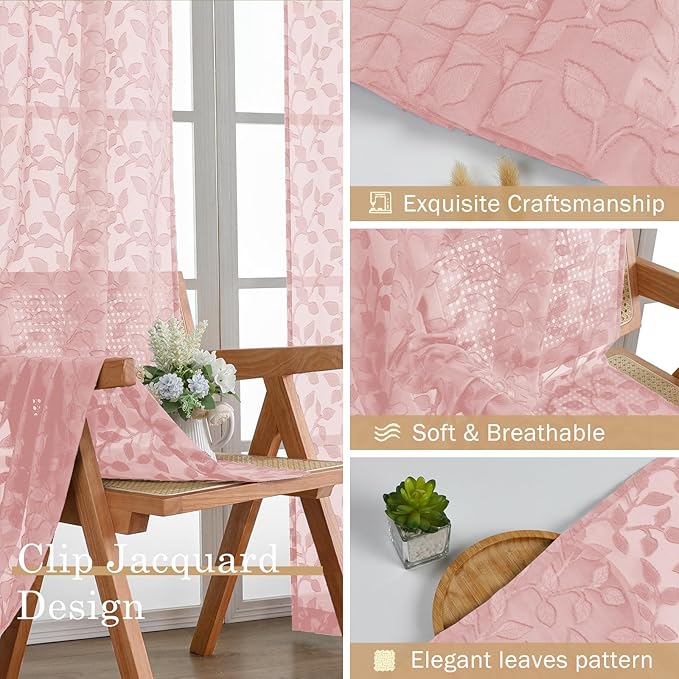 Chyhomenyc Blush Pink Sheer Curtains 96 Inch Length 2 Panels Set, Light Filtering Tufted Textured Soft Airy Rod Pocket Gentle Leaf Window Treatment Drapes for Bedroom Living Room, 42" Wx96 L, 2PCS