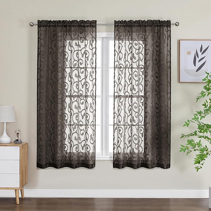 OWENIE Furman Chocolate Sheer Curtains 63 inch Length for Bedroom Living Room 2 Panels Set, Light Filtering Sheer Curtain with Elegant Clip Jacquard, Rod Pocket Window Treatments, 2 Pcs = 80" Width