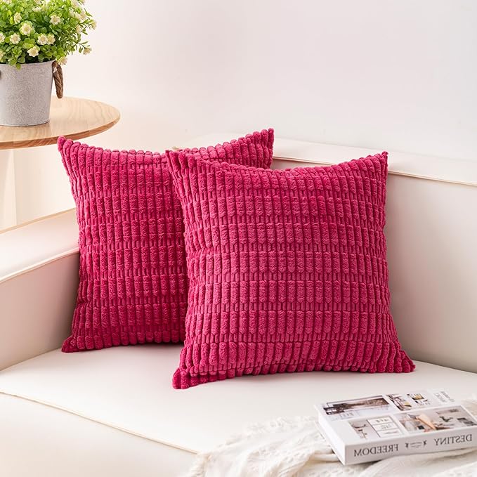 Pack of 2 Corduroy Decorative Throw Pillow Covers 22x22 Inch Soft Striped Pillow Covers Modern Farmhouse Home Decor for Sofa Living Room Couch Bed（Rose Red）