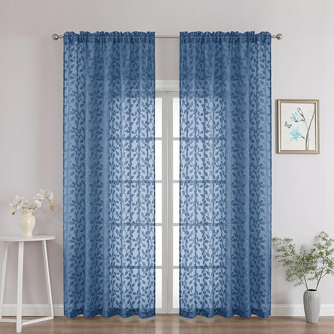 Chyhomenyc Dusty Blue Sheer Curtains 90 Inch Length 2 Panels Set, Light Filtering Tufted Textured Soft Airy Rod Pocket Gentle Leaf Window Treatment Drapes for Bedroom Living Room, 52" Wx90 L, 2PCS