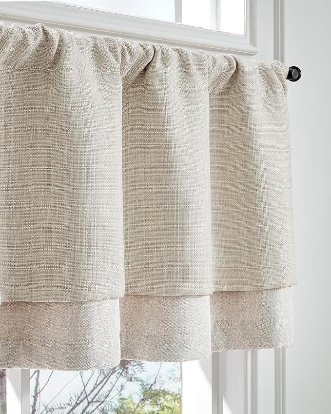 jinchan Valance Curtain Beige Hearthered Farmhouse Light Filtering Double Layer Window Treatment for Living Room Dining Bedroom Kitchen Rod Pocket 18 Inch