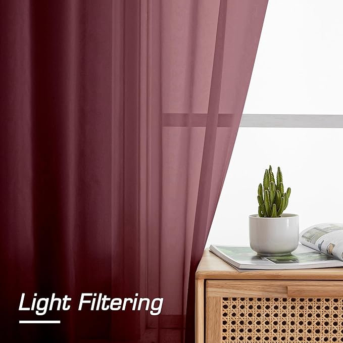 Simplebrand Red Sheer Curtains 63 Inch Length 2 Panels, Rod Pocket Solid Color Window Sheer Curtain Panels, Elegant Curtains & Drapes for Living Room, Bedroom 2 Panels (Burgundy, 42" W x 63" L)