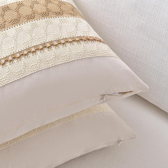 Fancy Homi Set of 1 Tan Neutral Decorative Throw Pillow Cover 16x16 Inch for Couch Bed Sofa, Aesthetic Modern Organic Farmhouse Boho Home Decor, Soft Cotton Cute Accent Macrame Woven Cushion Case