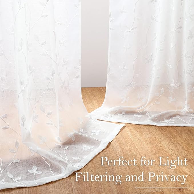 HOMEIDEAS White Sheer Curtains 52 X 84 Inches Length 2 Panels Embroidered Vine Floral Pattern Pocket Faux Linen Semi Sheer Voile Window Drapes for Bedroom Living Room