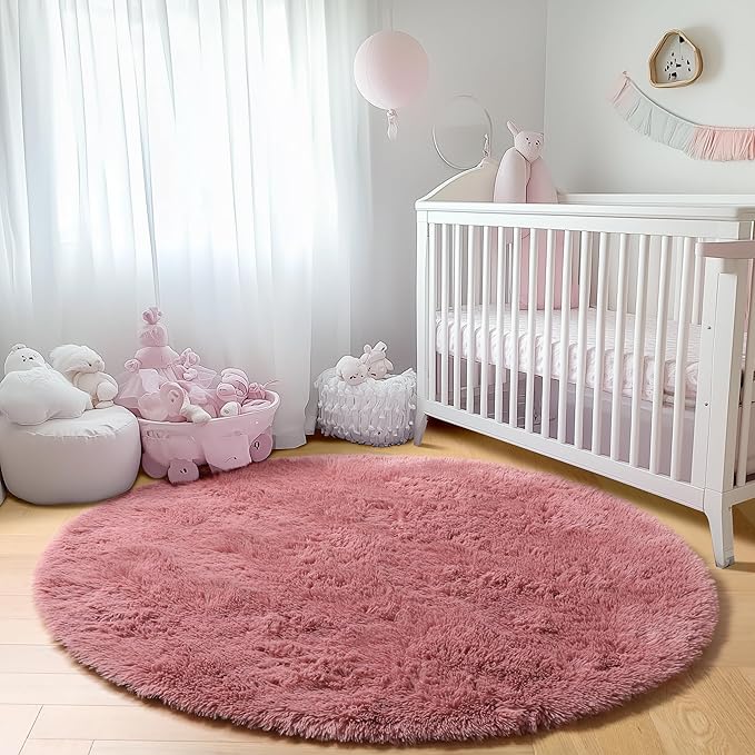 ONASAR Blush Round Rugs 6ft for Living Room Bedroom, Fluffy Circle Area Rug for Kids Girls Boys Teen, Soft Plush Shaggy Carpet for Nursery Dorm Classroom Playroom Home Decor Aesthetic