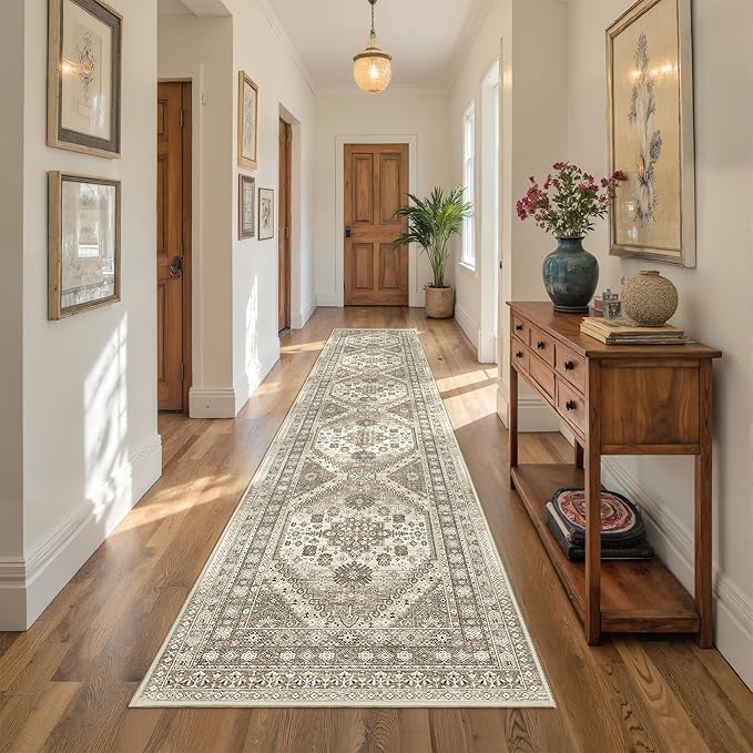 Hallway Runner Rug 2x12, Extra Long Washable Runner Rugs with Rubber Backing, Non Slip Runner, Vintage Rug Runners for Kitchen Laundry Room Entryway (Brown,2'x12')