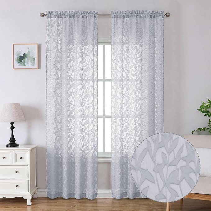 Lecloud Leia Light Grey Sheer Curtains 96 Inches Long 2 Panels, Jacquard Leaves Textured French Door Curtains Dual Rod Pockets, Farmhouse Living Room Bedroom Drapes Window Treatments, 40 W x 96 L