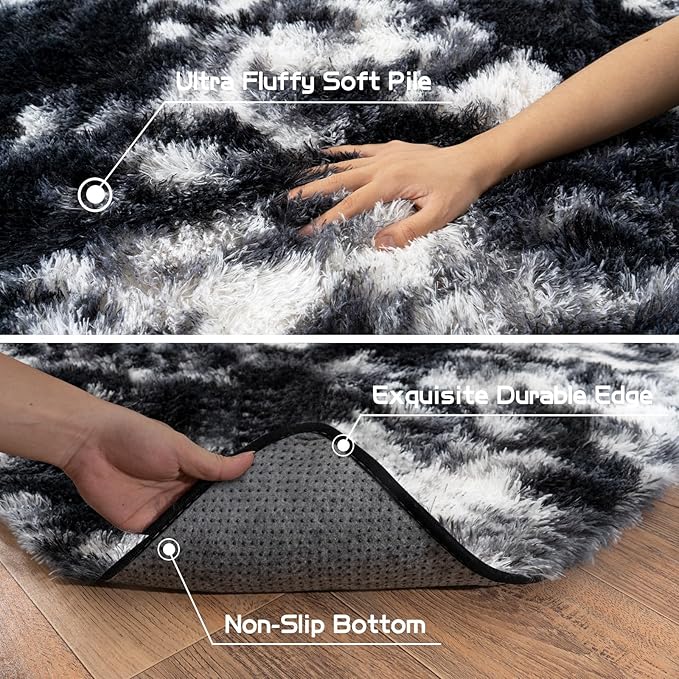 Pionblank Fluffy Runner Rugs for Bedroom 2x6, Modern Shaggy Area Rug for Hallway Living Room, Plush Soft Fuzzy Bedside Carpet for Kids Girls Boys Room Nursery Decor, Black White