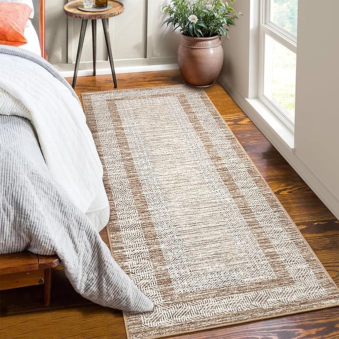 GarveeHome 2.5x8 Modern Bordered Runner Rug Soft Non Slip Washable Floor Carpet Distressed Geometric Hallway Indoor Printed Rug for Kitchen Entrance, Brown